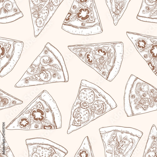 Seamless pattern with slices of delicious traditional Italian pizza hand drawn with contour lines on light background. Realistic vector illustration for textile print, wrapping paper, backdrop.