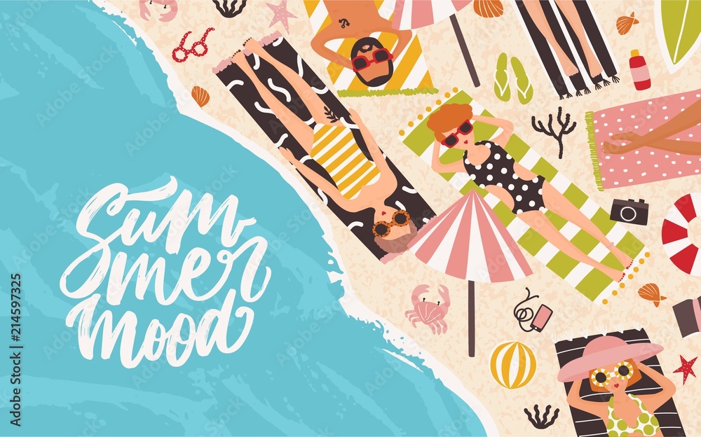 Fototapeta premium Horizontal background with men and women lying on beach, relaxing and sunbathing near sea or ocean and elegant Summer Mood lettering handwritten with cursive font. Flat cartoon vector illustration.