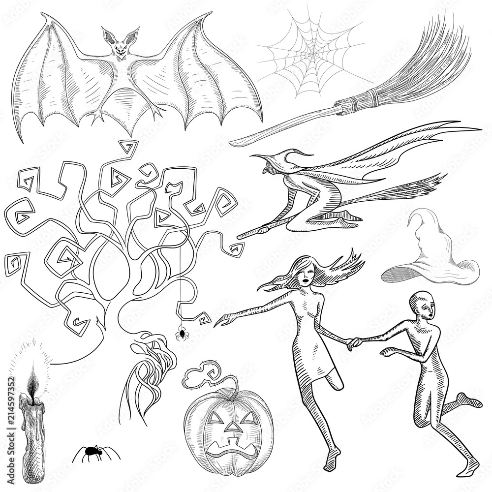 Set of hand-drawn Halloween sketches isolated on white.
