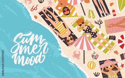 Horizontal background with men and women lying on beach, relaxing and sunbathing near sea or ocean and elegant Summer Mood lettering handwritten with cursive font. Flat cartoon vector illustration.