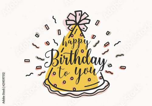 Canvas Print Happy Birthday To You wish handwritten with cursive font and decorated with cone