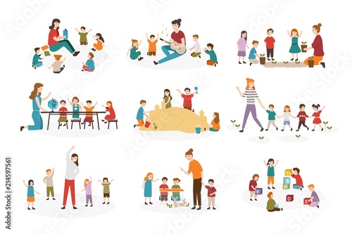 Bundle of preschool or kindergarten activities. Female teacher and children playing guitar and singing songs, reading book, walking, doing gymnastics exercise together. Cartoon vector illustration.