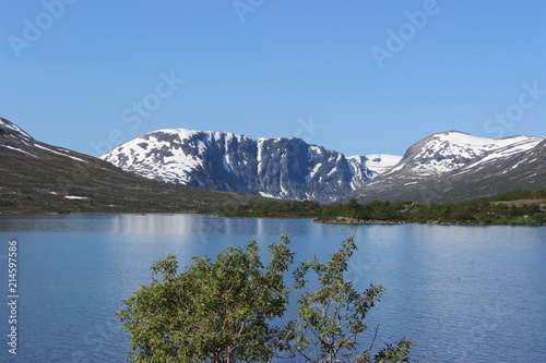 Lake and mountains with trees in foreground near Geiranger, Norway