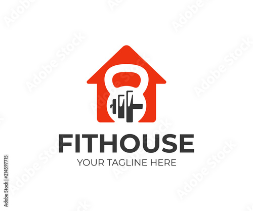 Health and fitness center logo template. Fitness house vector design. House with kettlebell and dumbbell logotype