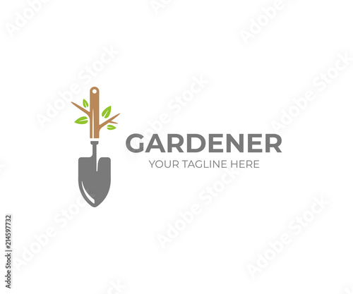 Garden shovel and tree with green leaves logo template. Gardening plant, garden tool vector design. Gardener logotype