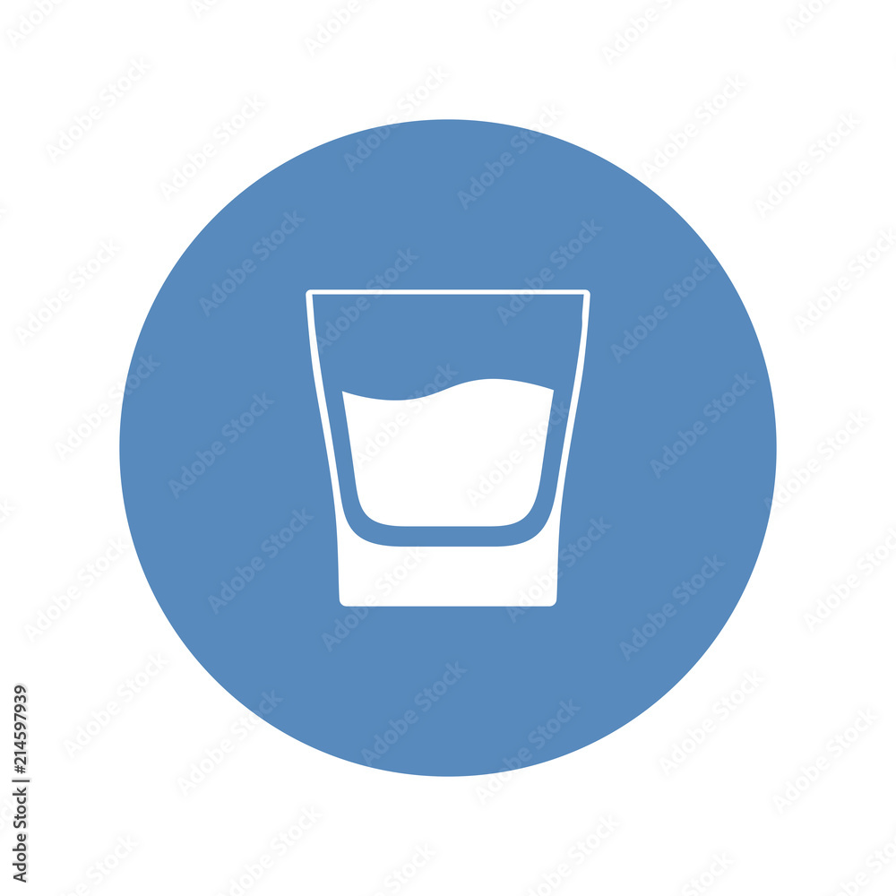 White glass with whiskey placed in blue circle. Vector icon. White glass with whiskey placed in blue circle. Vector icon.