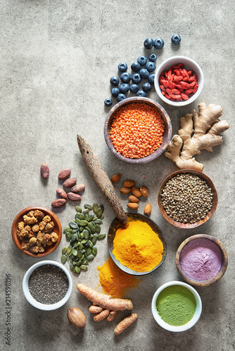 Various colorful superfoods in bowls