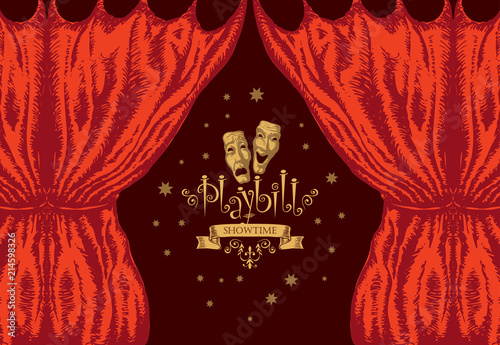 Vector playbill with red theater curtain and theater masks in retro style. Hand-drawn illustration on the theme of modern theatrical art