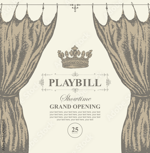 Vector playbill with place for text, theater curtain and crown in retro style. Hand-drawn illustration on the theme of modern theatrical art, grand opening photo