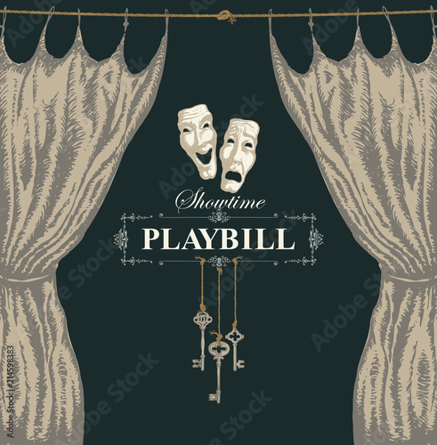 Vector playbill with a theater curtain and theater masks in retro style. Hand-drawn illustration on the theme of modern theatrical art