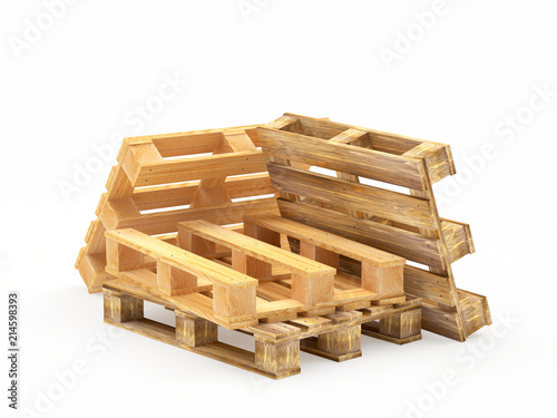 Pile of brown wooden pallets isolated on white background. 3D illustration