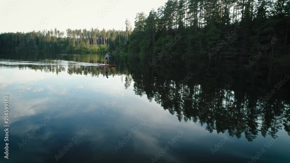 This is an aerial drone camera footage of young beautiful Caucasian woman floating on stand up paddle (SUP) board in the lake surrounded by wild nature.