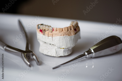 Dental instruments and dental jaw model, close up view