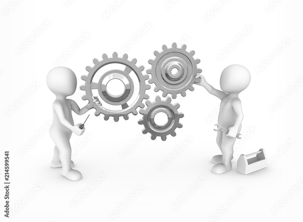 3d small people with gears and tools. 3d small people with gears and tools.