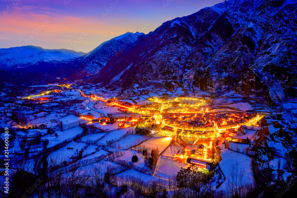Obraz premium Benasque village sunset in Huesca Pyrenees Spain