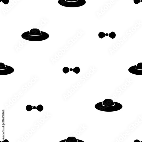 Seamless pattern with black bow tie and hats on the white background