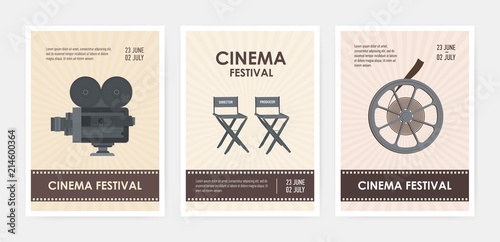 Bundle of vertical flyer or poster templates with retro camera, director and producer chairs, film reel and place for text. Colorful flat vector illustration for cinema festival advertisement, promo.