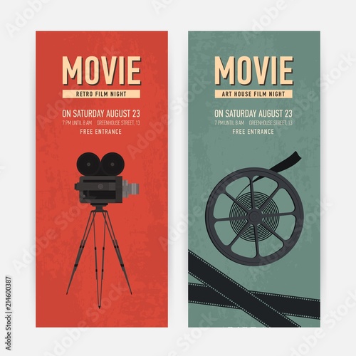 Set of vertical banner templates with old camera on tripod, film reel and place for text. Colorful flat vector illustration for cinema ticket, movie festival or arthouse night promotion, advertising.