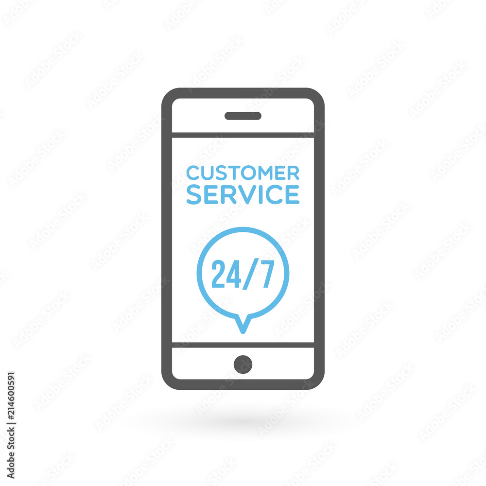 Smartphone customer service 24/7 illustration. Concept of 24/7, open 24 hours, support, assistance, contact, customer service. Vector illustration, flat design Smartphone customer service 24/7 illustration. Concept of 24/7, open 24 hours, support, assistance, contact, customer service. Vector illustration, flat design