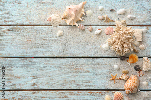 Composition with seashells on light wooden background