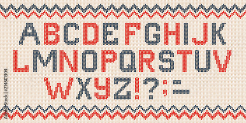 Vector illustration folk latin Christmas Font Scandinavian style knitted letters alphabet and pattern. Seamless background Nordic fair isle knitting, winter holiday sweater design.
