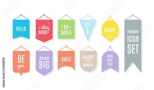 Pennant icon set with motivational quotes. Vector illustration, flat design