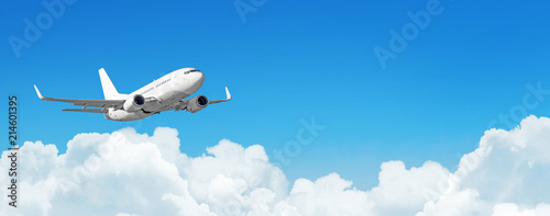 Passenger aircraft cloudscape with white airplane is flying in the daytime sky cumulus clouds, panorama view. © aapsky
