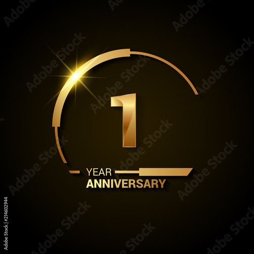 1 Years Anniversary Celebration Logotype. Golden Elegant Vector Illustration with Half Circle, Isolated on Black Background can be use for Celebration, Invitation, and Greeting card