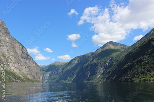Beautiful view of Geirangerfjord surrounded by mountains. Near Geiranger, Norway.