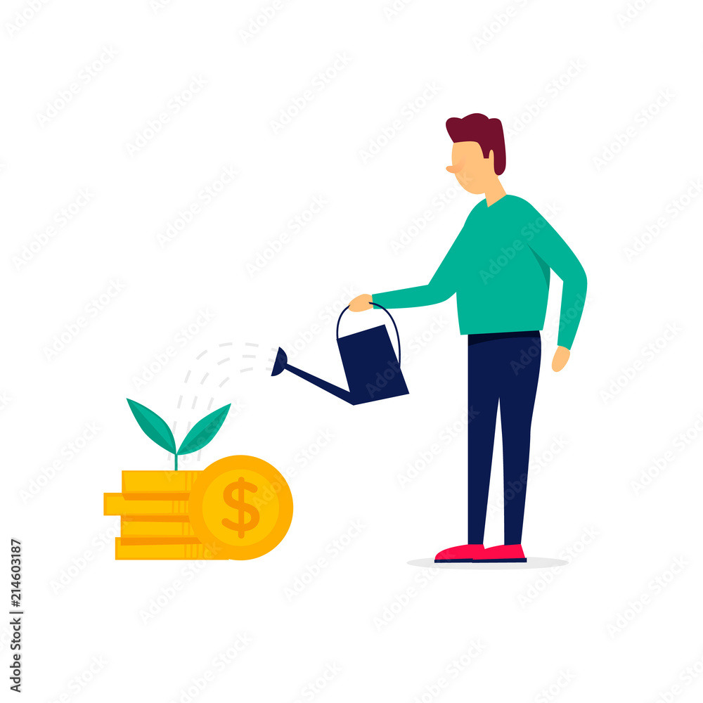 Businessman watering a plant, growing money. Flat style vector illustration.