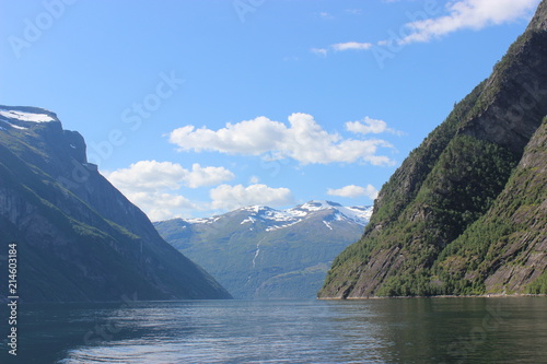 Beautiful view of Geirangerfjord surrounded by mountains. Near Geiranger, Norway.