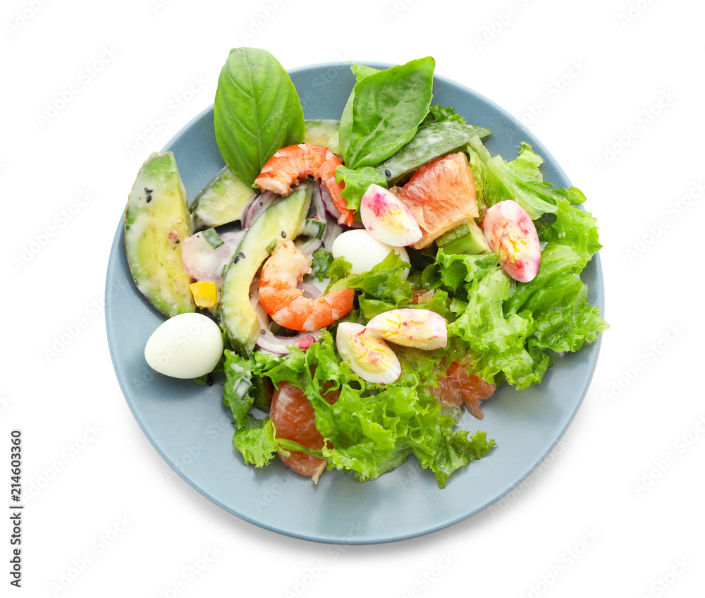 Plate with tasty avocado salad on white background