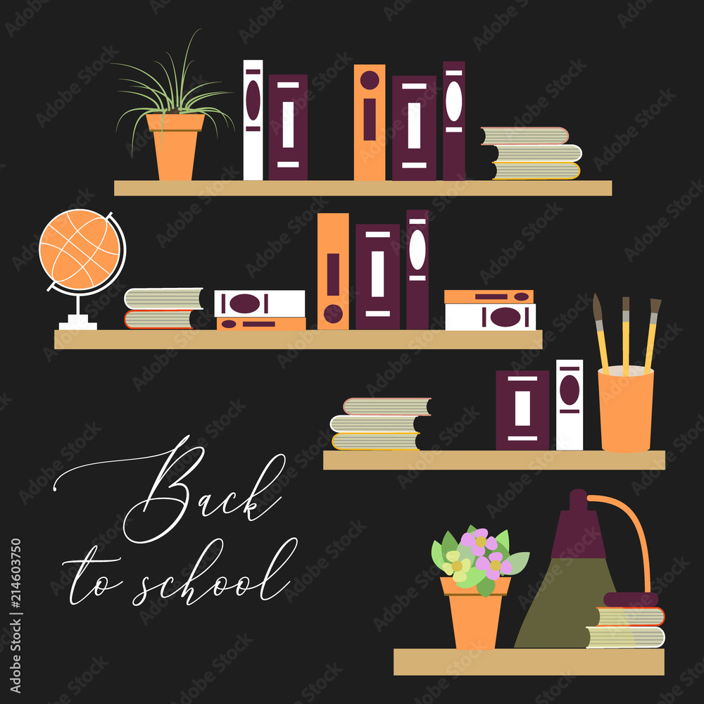 Back to school vector background with books, table lamp, potted flowers and shelves. Back to school vector background with books, table lamp, potted flowers and shelves.