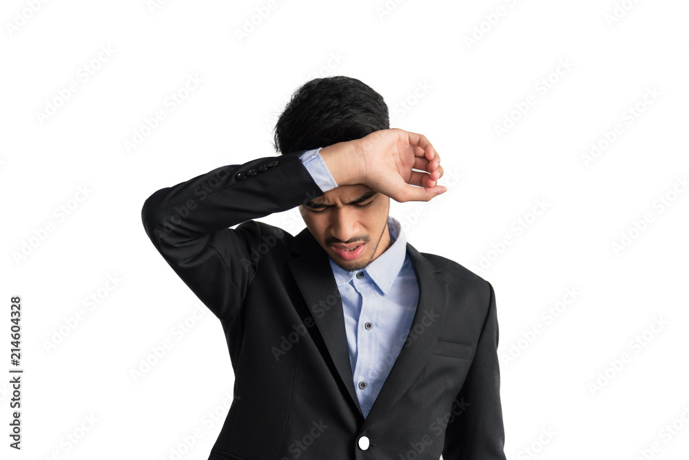 Portrait of serious pensive man looking down in studio on isolated white background Portrait of serious pensive man looking down in studio on isolated white background
