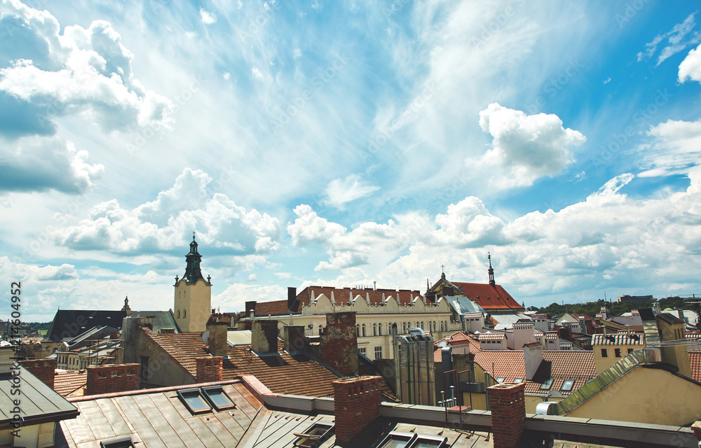 Fototapeta premium A view from rooftop on Lviv city skyline