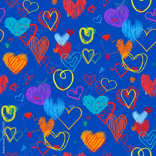 Bright background with hearts. Seamless wallpaper of the surface. Hand drawn love signs. Collection. Line art. Print for banners, posters, t-shirts and textiles