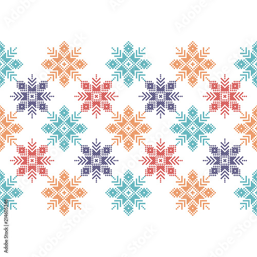 Cross stitch Norwegian snowflakes. Seamless vector background. Folk motives. Winter pattern. Textile rapport.