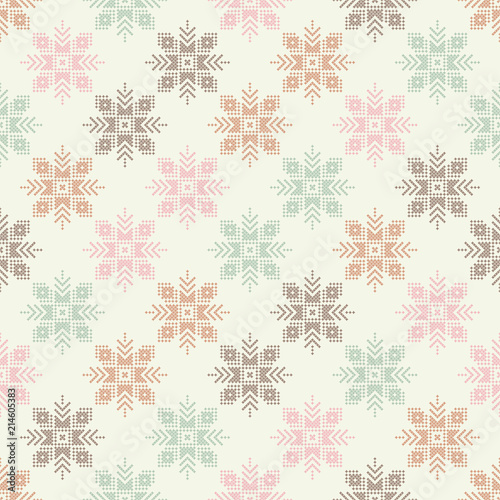 Cross stitch Norwegian snowflakes. Seamless vector background. Folk motives. Winter pattern. Textile rapport.