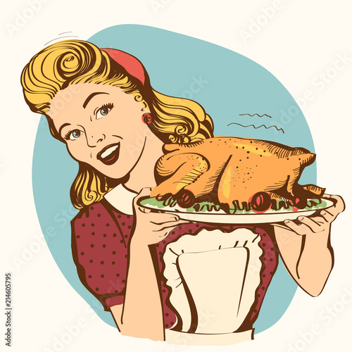 Retro smiling housewife cooks roasted turkey in the kitchen.Vector color image