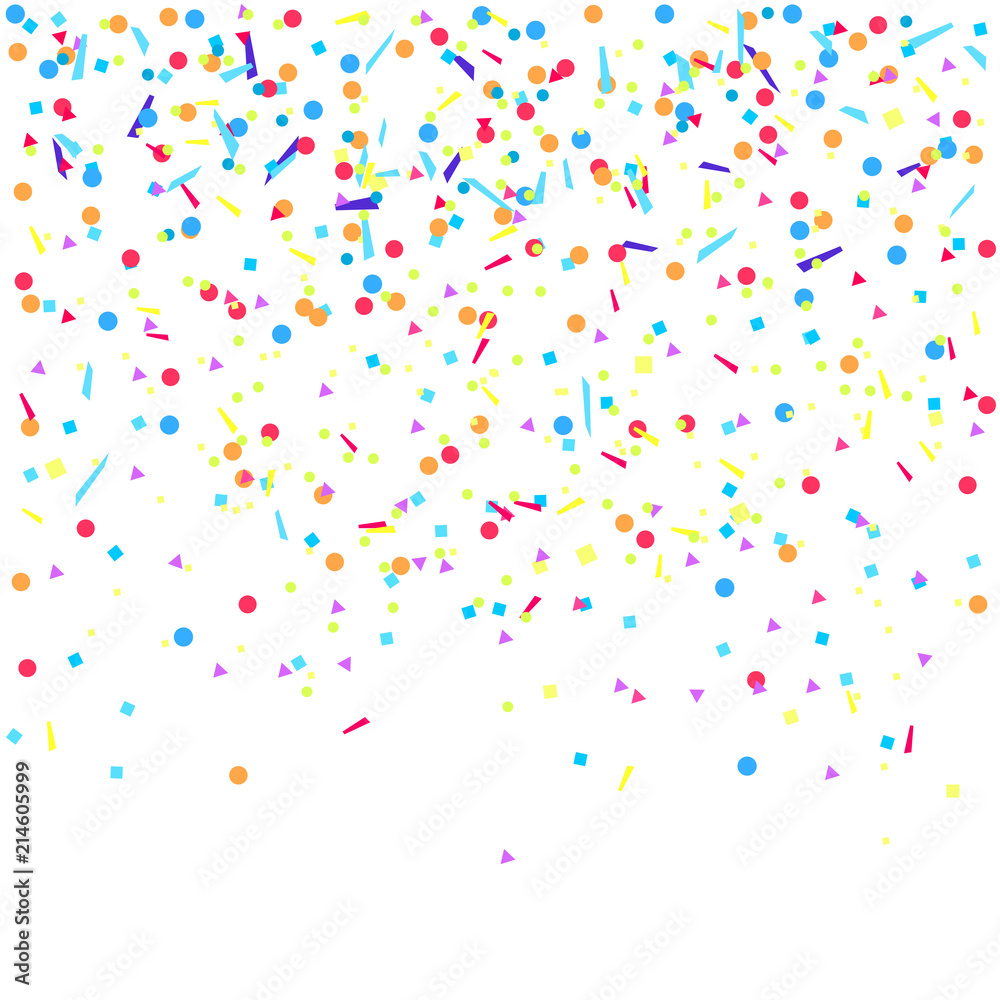 Explosion. Multicolored pattern with random falling colored confetti on white background. Texture with glitters for design. Greeting cards. Print for polygraphy, posters, t-shirts and textiles