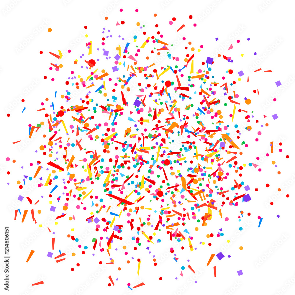 Multicolored confetti on white. Geometrical background with glitters. Pattern for design. Print for flayers, posters, banners and textiles. Greeting cards. Luxury texture