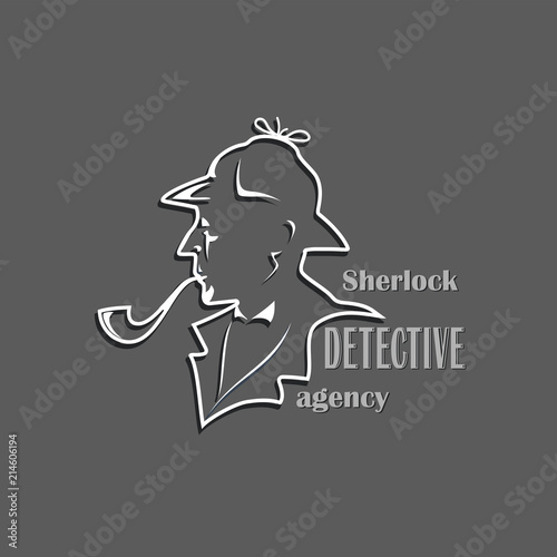 Sherlock. Detective Agency. Cut out silhouette with text. Design of a poster  emblems  a signboard of a private detective firm.