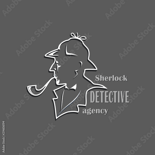 Sherlock. Detective Agency. Cut out silhouette with text. Design of a poster, emblems, a signboard of a private detective firm.