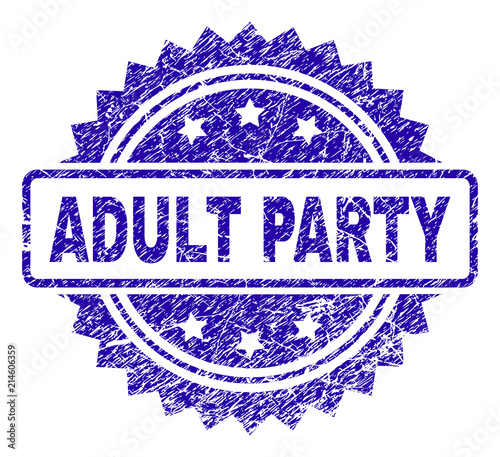 ADULT PARTY stamp imprint with grunge style. Blue vector rubber seal print of ADULT PARTY label with grunge texture.