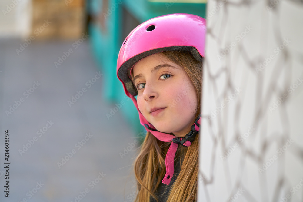 Blonk kid skate girl helmet portrait smiling Blonk kid skate girl helmet portrait smiling