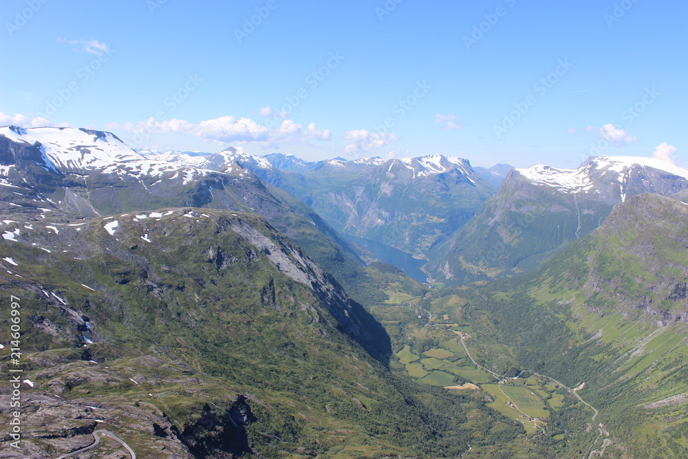 View of mountains and Geiranger valley from Dalsnibba view point near Trollstigen and Geiranger, Norway