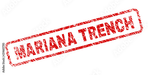 MARIANA TRENCH stamp seal print with grunge style. Red vector rubber print of MARIANA TRENCH tag with grunge texture. Text caption is placed inside rounded rectangle frame.
