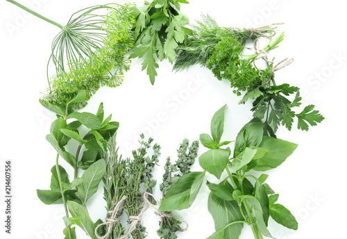 Frame made of fresh herbs on white background