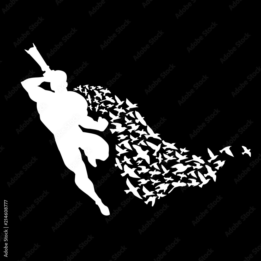 Superman photographer in a cloak of birds. White silhouette on black  background Stock Vector | Adobe Stock