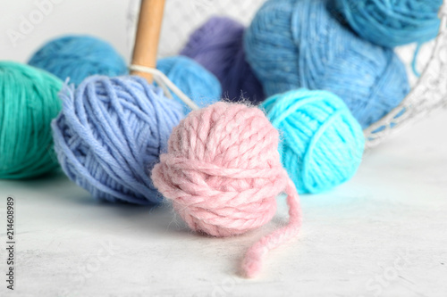 Balls of knitting yarn on light background